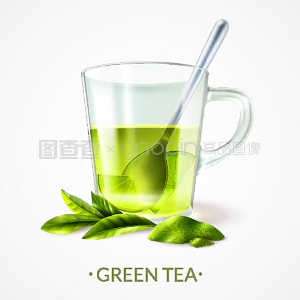 现实的绿茶背景,可编辑的文字和图像成熟的叶子和杯用勺子矢量插图
